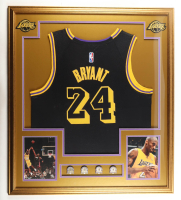 Kobe Bryant Custom Framed Jersey Display with LE 2001, 2002, 2009 & 2010 NBA Champions Pins & (2) Team Logo Patches at PristineAuction.com