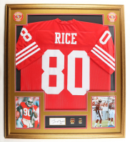 Jerry Rice Signed Custom Framed Cut Display With Jersey, (2) Super Bowl Pins & (2) Team Logo Cloth Patches (PSA) at PristineAuction.com