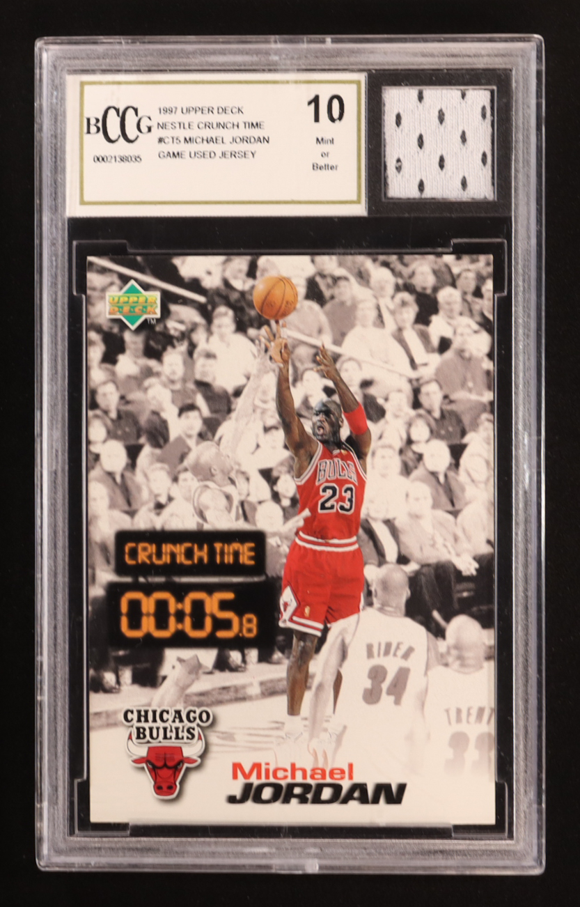 Michael Jordan 1997 Upper Deck Nestle Crunch Time #CT5 with Game-Used Jersey Piece (BCCG 10) at PristineAuction.com Michael Jordan 1997 Upper Deck Nestle Crunch Time #CT5 with Game-Used Jersey Piece (BCCG 10) at PristineAuction.com