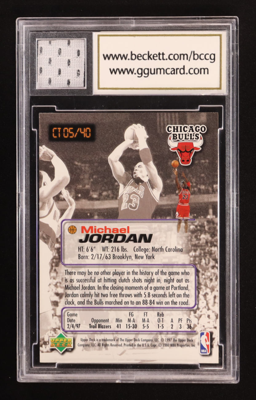 Michael Jordan 1997 Upper Deck Nestle Crunch Time #CT5 with Game-Used Jersey Piece (BCCG 10) at PristineAuction.com Michael Jordan 1997 Upper Deck Nestle Crunch Time #CT5 with Game-Used Jersey Piece (BCCG 10) at PristineAuction.com