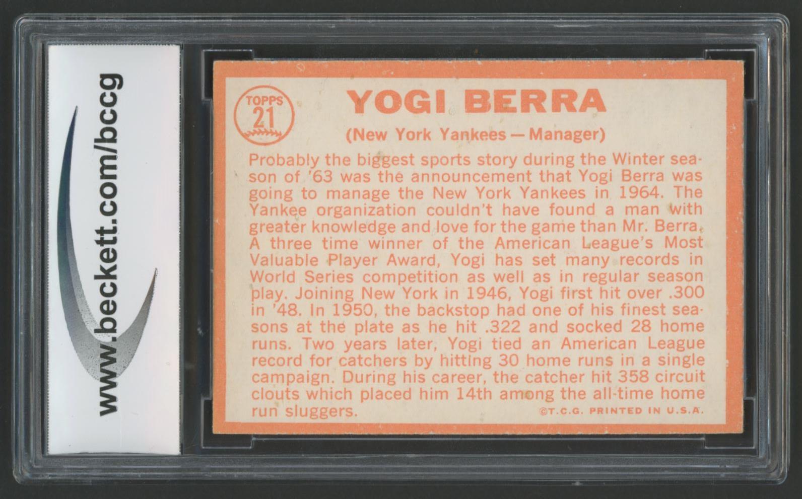 Yogi Berra 1964 Topps #21 MG (BCCG 9) at PristineAuction.com Yogi Berra 1964 Topps #21 MG (BCCG 9) at PristineAuction.com