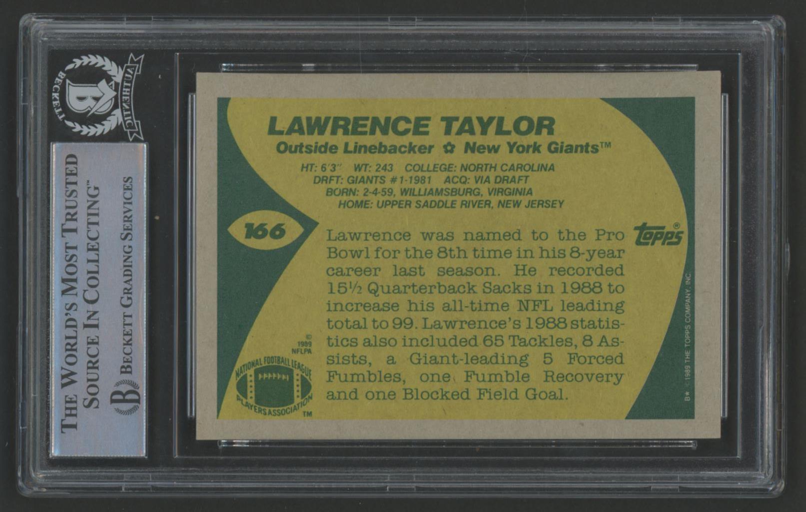 Lawrence Taylor Signed 1989 Topps #166 (BGS) at PristineAuction.com Lawrence Taylor Signed 1989 Topps #166 (BGS) at PristineAuction.com