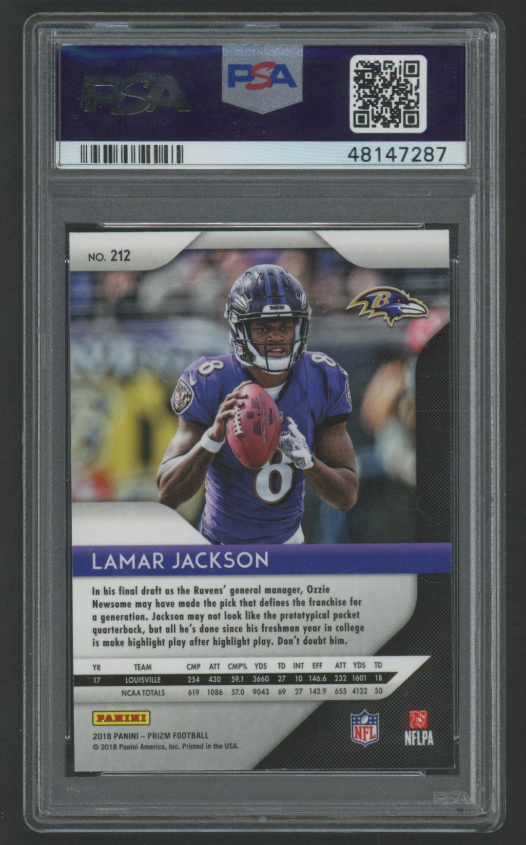 Lamar Jackson 2018 Panini Prizm #212 RC (PSA 9) at PristineAuction.com Lamar Jackson 2018 Panini Prizm #212 RC (PSA 9) at PristineAuction.com