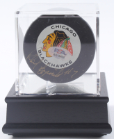 Phil Esposito Signed Blackhawks Logo Hockey Puck with Display Case (PSA) at PristineAuction.com