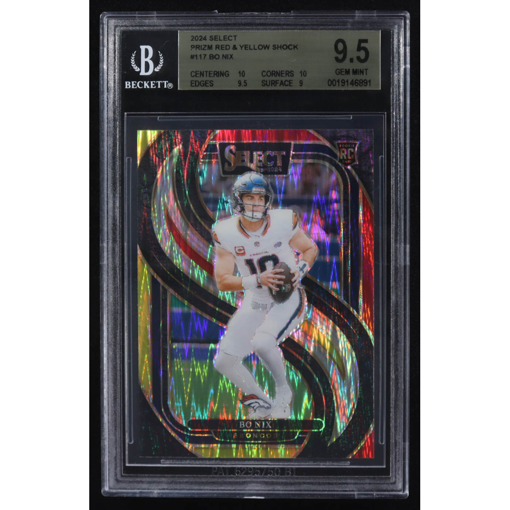 Bo Nix 2024 Panini Select Red & Yellow Shock Prizm #117 RC (BGS 9.5) at PristineAuction.com