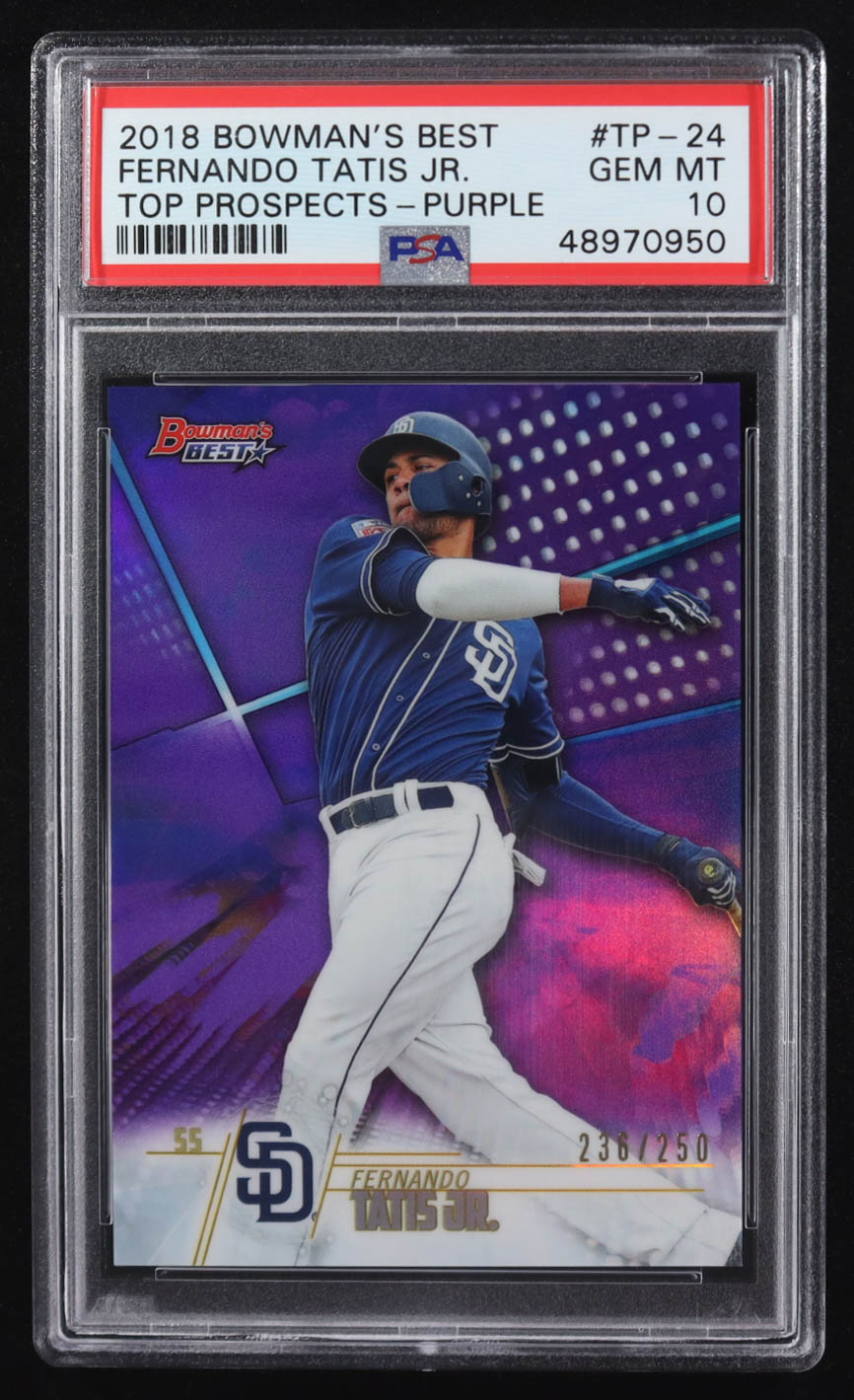 Fernando Tatis 2018 Bowman's Best Top Prospects Purple #TP-24 RC #236/250 (PSA 10) at PristineAuction.com Fernando Tatis 2018 Bowman's Best Top Prospects Purple #TP-24 RC #236/250 (PSA 10) at PristineAuction.com
