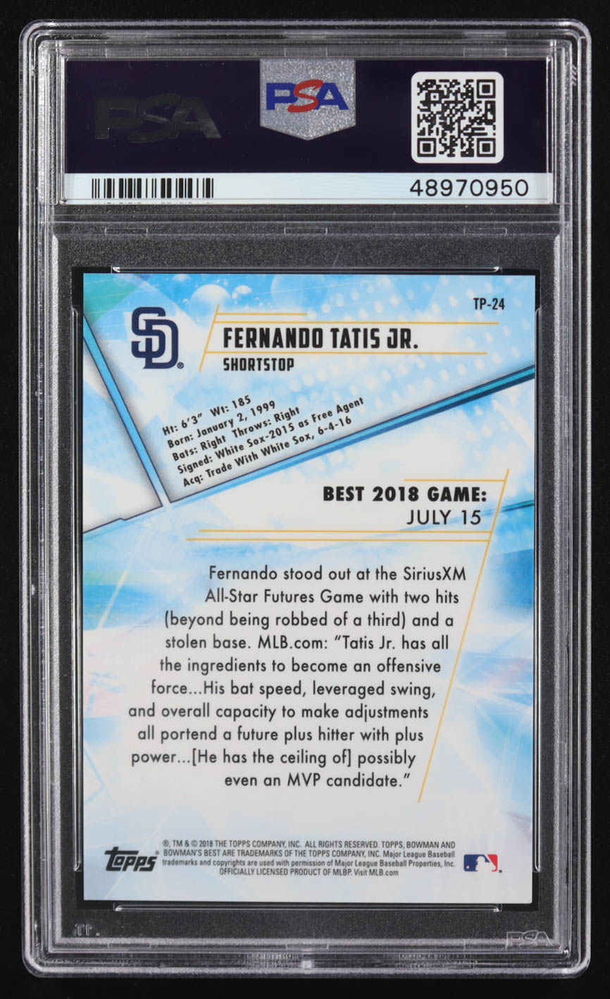 Fernando Tatis 2018 Bowman's Best Top Prospects Purple #TP-24 RC #236/250 (PSA 10) at PristineAuction.com Fernando Tatis 2018 Bowman's Best Top Prospects Purple #TP-24 RC #236/250 (PSA 10) at PristineAuction.com