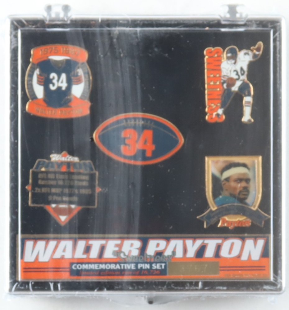 Walter Payton LE Bears "Sweetness" Commemorative Set of (5) Pins with Display Case at PristineAuction.com Walter Payton LE Bears "Sweetness" Commemorative Set of (5) Pins with Display Case at PristineAuction.com