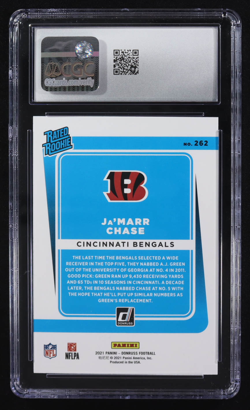 Ja'Marr Chase 2021 Panini Donruss RR #262 RC (CGC 10) at PristineAuction.com Ja'Marr Chase 2021 Panini Donruss RR #262 RC (CGC 10) at PristineAuction.com