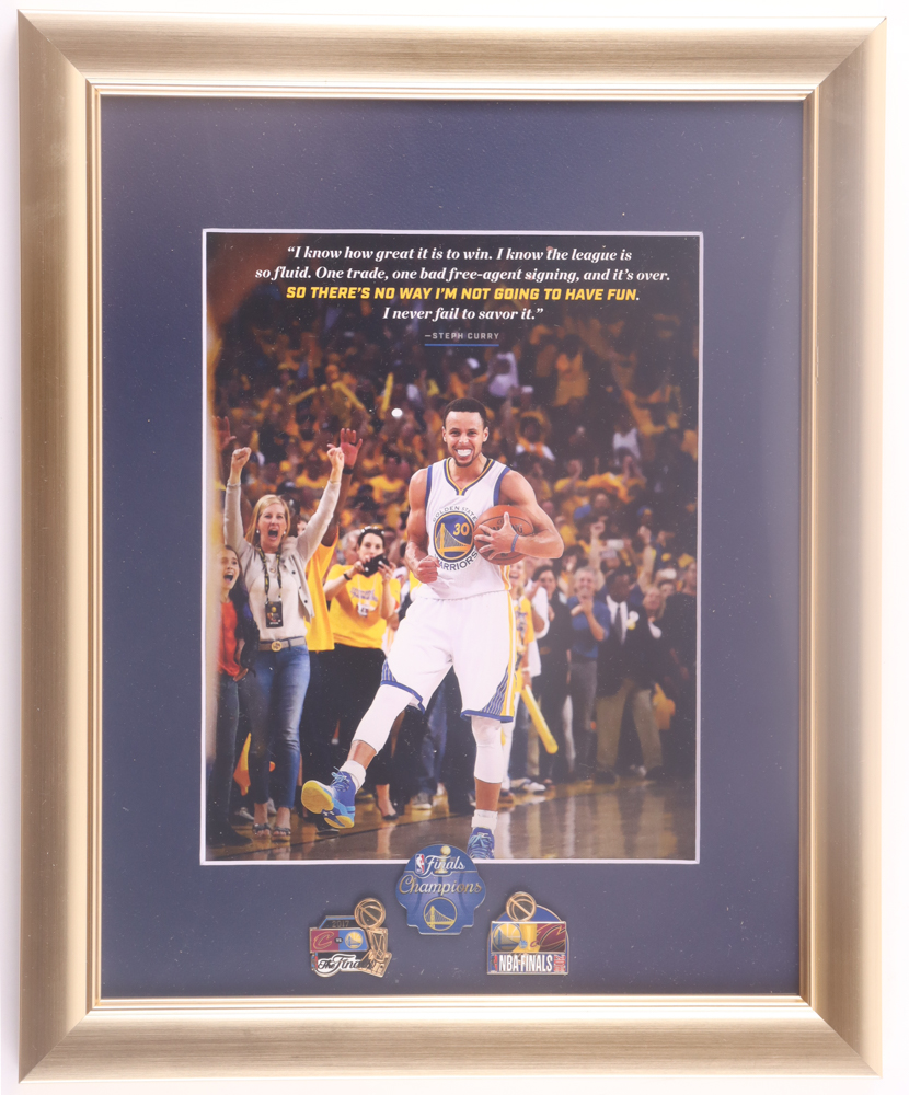 Steph Curry Warriors Custom Framed Photo Display with (3) NBA Finals Pins at PristineAuction.com Steph Curry Warriors Custom Framed Photo Display with (3) NBA Finals Pins at PristineAuction.com