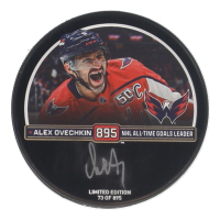 Alexander Ovechkin Signed LE Capitals Logo All-Time Goals Leader Commemorative Hockey Puck (Fanatics) at PristineAuction.com