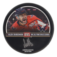 Alexander Ovechkin Signed LE Capitals Logo All-Time Goals Leader Commemorative Hockey Puck (Fanatics) at PristineAuction.com