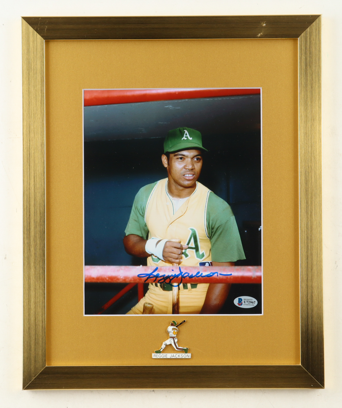 Reggie Jackson Signed Athletics Custom Framed Photo Display with Vintage A's Figure Pin (Beckett) at PristineAuction.com Reggie Jackson Signed Athletics Custom Framed Photo Display with Vintage A's Figure Pin (Beckett) at PristineAuction.com