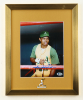Reggie Jackson Signed Athletics Custom Framed Photo Display with Vintage A's Figure Pin (Beckett) at PristineAuction.com