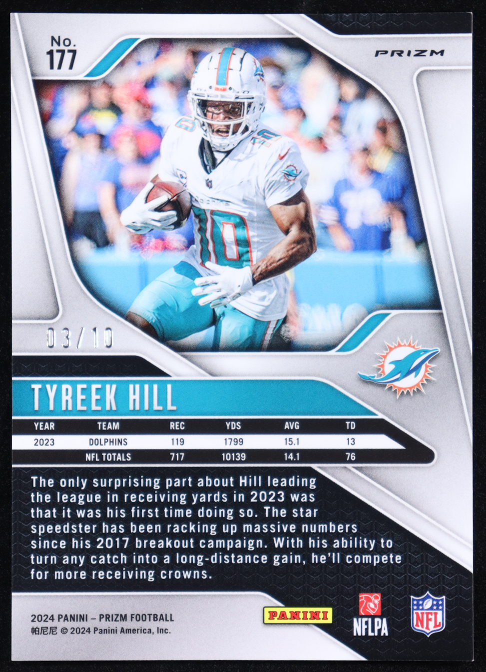 Tyreek Hill 2024 Panini Prizm Prizms No Huddle Neon Green #177 #03/10 at PristineAuction.com Tyreek Hill 2024 Panini Prizm Prizms No Huddle Neon Green #177 #03/10 at PristineAuction.com