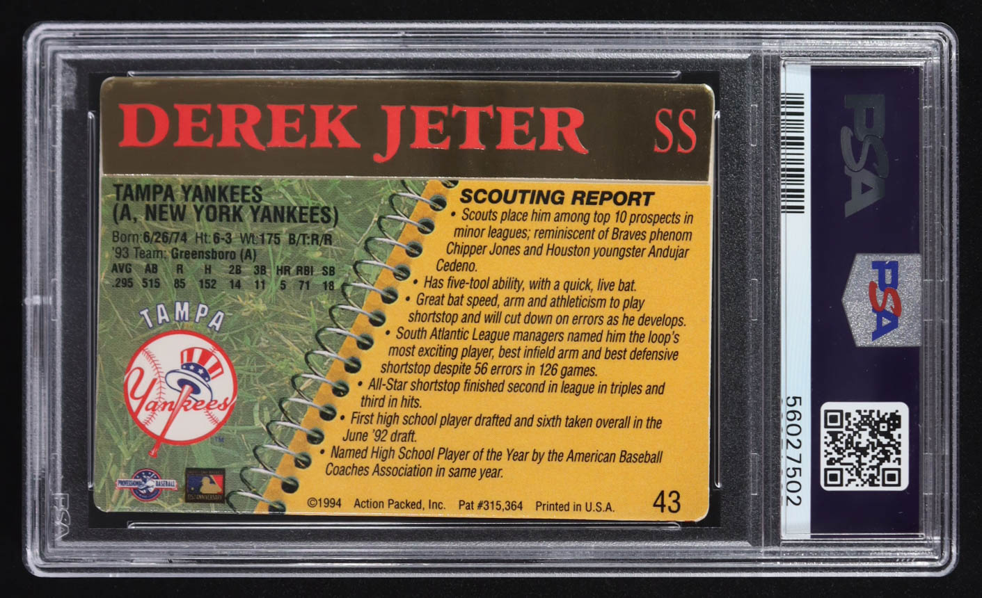 Derek Jeter 1994 Action Packed Scouting Report #43 RC (PSA 8) at PristineAuction.com Derek Jeter 1994 Action Packed Scouting Report #43 RC (PSA 8) at PristineAuction.com