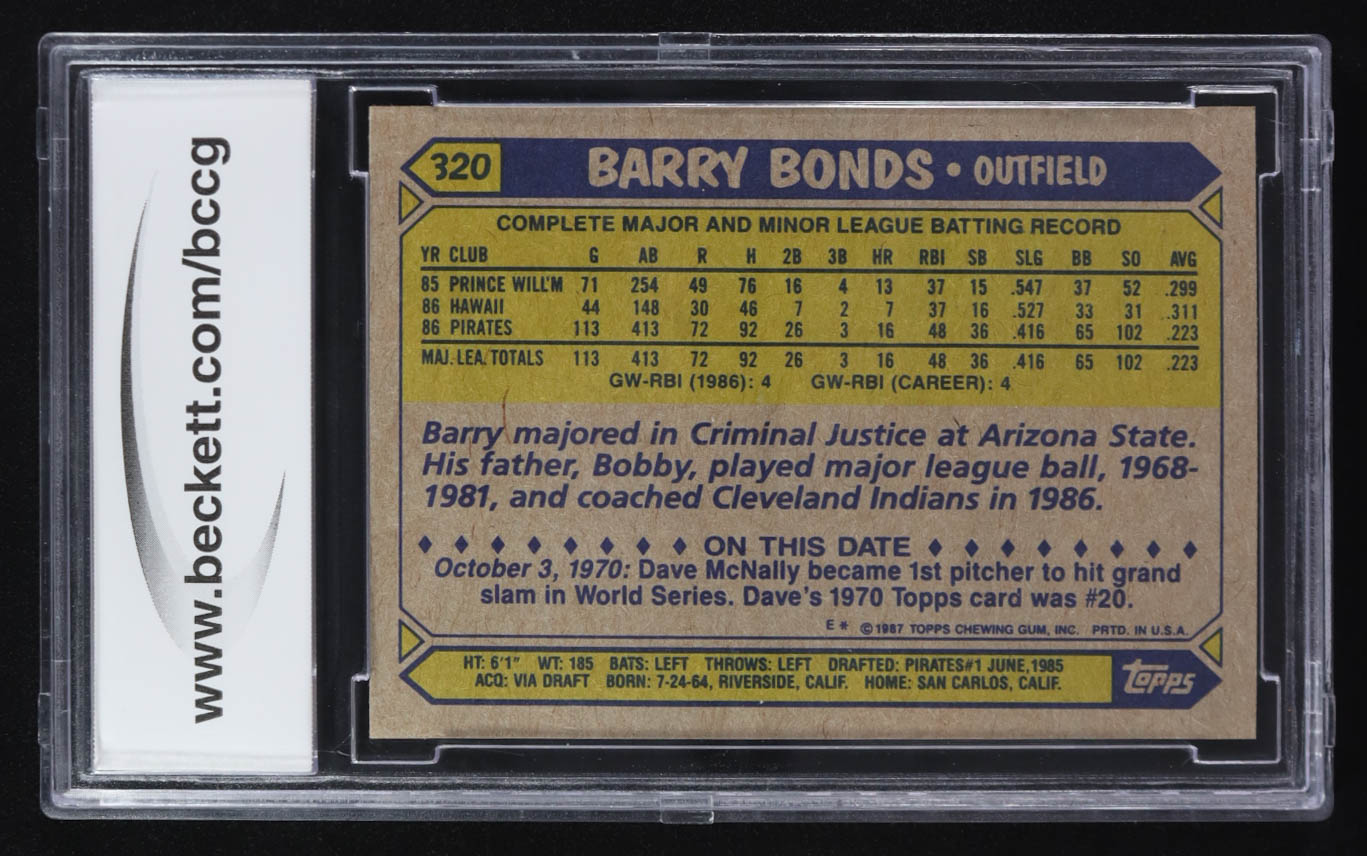 Barry Bonds 1987 Topps #320 RC (BCCG 10) at PristineAuction.com Barry Bonds 1987 Topps #320 RC (BCCG 10) at PristineAuction.com