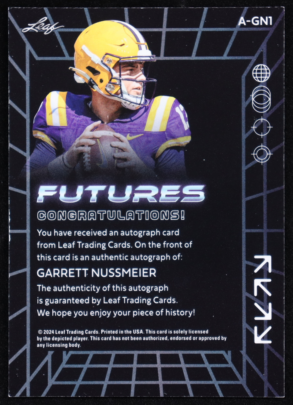 Garrett Nussmeier 2024 Leaf Futures Autograph Gold #AGN1 #19/99 at PristineAuction.com Garrett Nussmeier 2024 Leaf Futures Autograph Gold #AGN1 #19/99 at PristineAuction.com