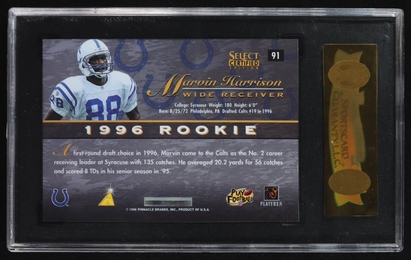 Marvin Harrison 1996 Select Certified Edition Rookie Red #91 RC (SGC 9) at PristineAuction.com Marvin Harrison 1996 Select Certified Edition Rookie Red #91 RC (SGC 9) at PristineAuction.com