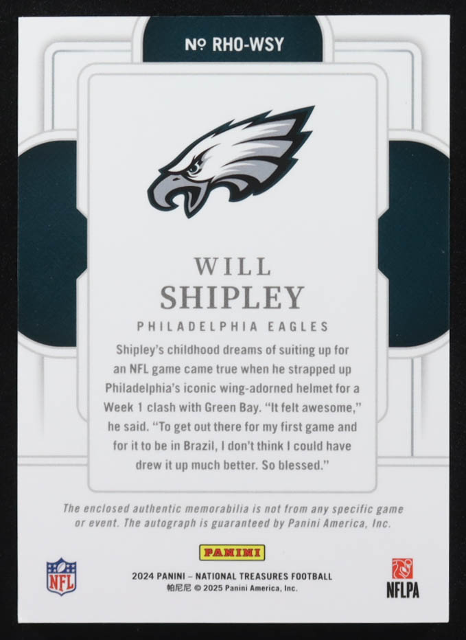Will Shipley 2024 Panini National Treasures Rookie Hats Off Signature #RHO-WSY #1/3 RC at PristineAuction.com Will Shipley 2024 Panini National Treasures Rookie Hats Off Signature #RHO-WSY #1/3 RC at PristineAuction.com
