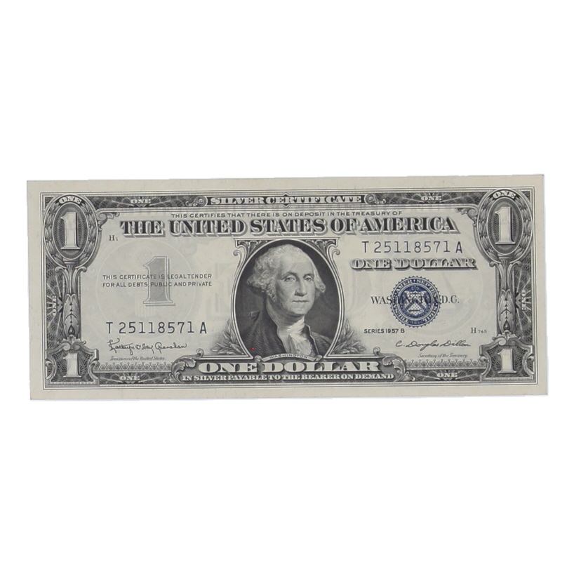1957-B U.S. $1 Silver Certificate, Blue Seal - Fr.1621 Signed: Granahan / Dillon at PristineAuction.com 1957-B U.S. $1 Silver Certificate, Blue Seal - Fr.1621 Signed: Granahan / Dillon at PristineAuction.com
