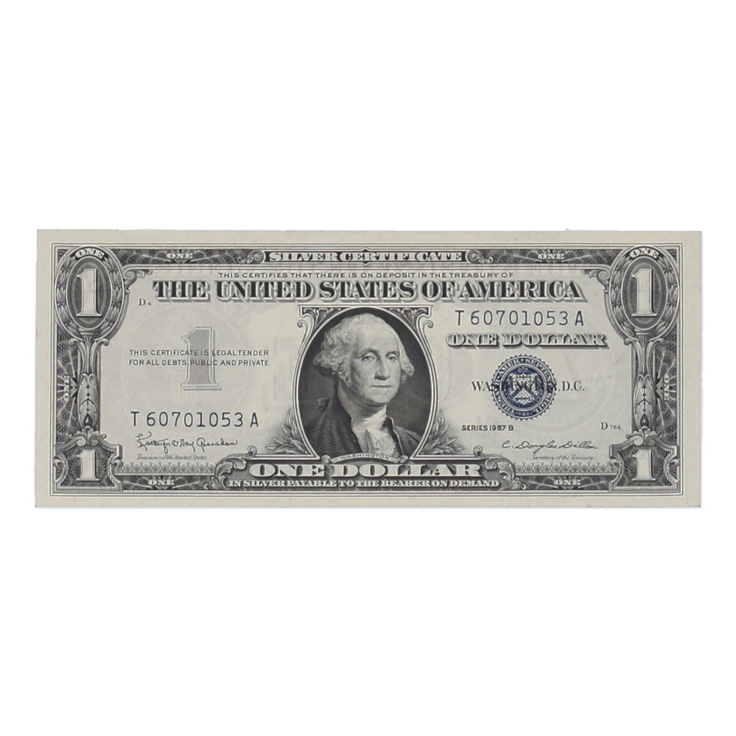 1957-B U.S. $1 Silver Certificate, Blue Seal - Fr.1621 Signed: Granahan / Dillon at PristineAuction.com 1957-B U.S. $1 Silver Certificate, Blue Seal - Fr.1621 Signed: Granahan / Dillon at PristineAuction.com