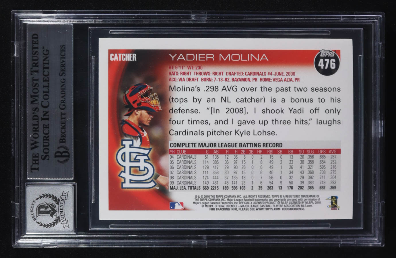 Yadier Molina Signed 2010 Topps #476A (BGS) at PristineAuction.com Yadier Molina Signed 2010 Topps #476A (BGS) at PristineAuction.com