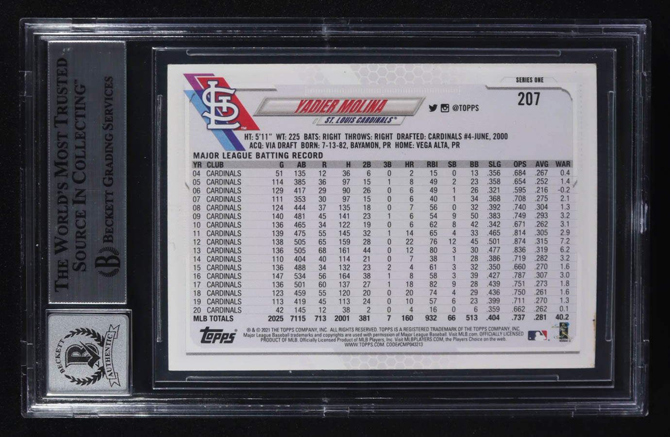 Yadier Molina Signed 2021 Topps #207 (BGS) at PristineAuction.com Yadier Molina Signed 2021 Topps #207 (BGS) at PristineAuction.com