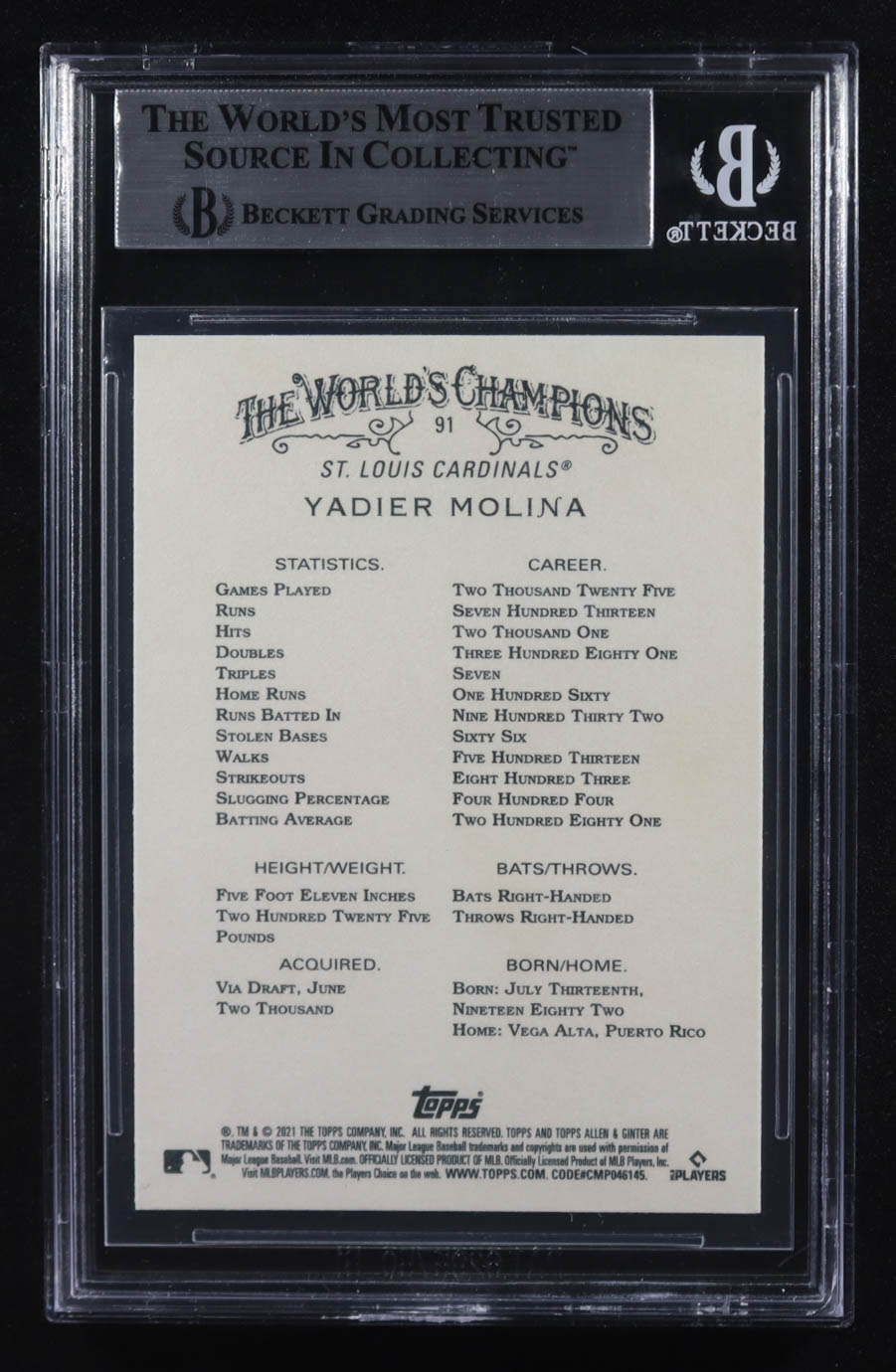 Yadier Molina Signed 2021 Topps Allen and Ginter #91 (BGS) at PristineAuction.com Yadier Molina Signed 2021 Topps Allen and Ginter #91 (BGS) at PristineAuction.com