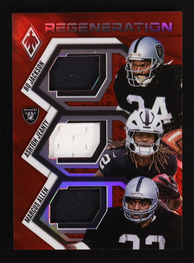 Bo Jackson / Ashton Jeanty RC / Marcus Allen 2025 Panini Phoenix Regeneration Jerseys Red #1 #109/249 at PristineAuction.com Bo Jackson / Ashton Jeanty RC / Marcus Allen 2025 Panini Phoenix Regeneration Jerseys Red #1 #109/249 at PristineAuction.com