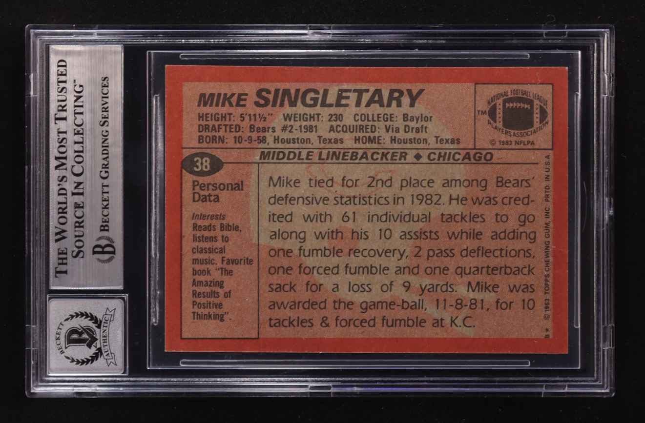 Mike Singletary Signed 1983 Topps Inscribed "HOF 98" #38 RC (BGS | Autograph Graded BGS 10) at PristineAuction.com Mike Singletary Signed 1983 Topps Inscribed "HOF 98" #38 RC (BGS | Autograph Graded BGS 10) at PristineAuction.com