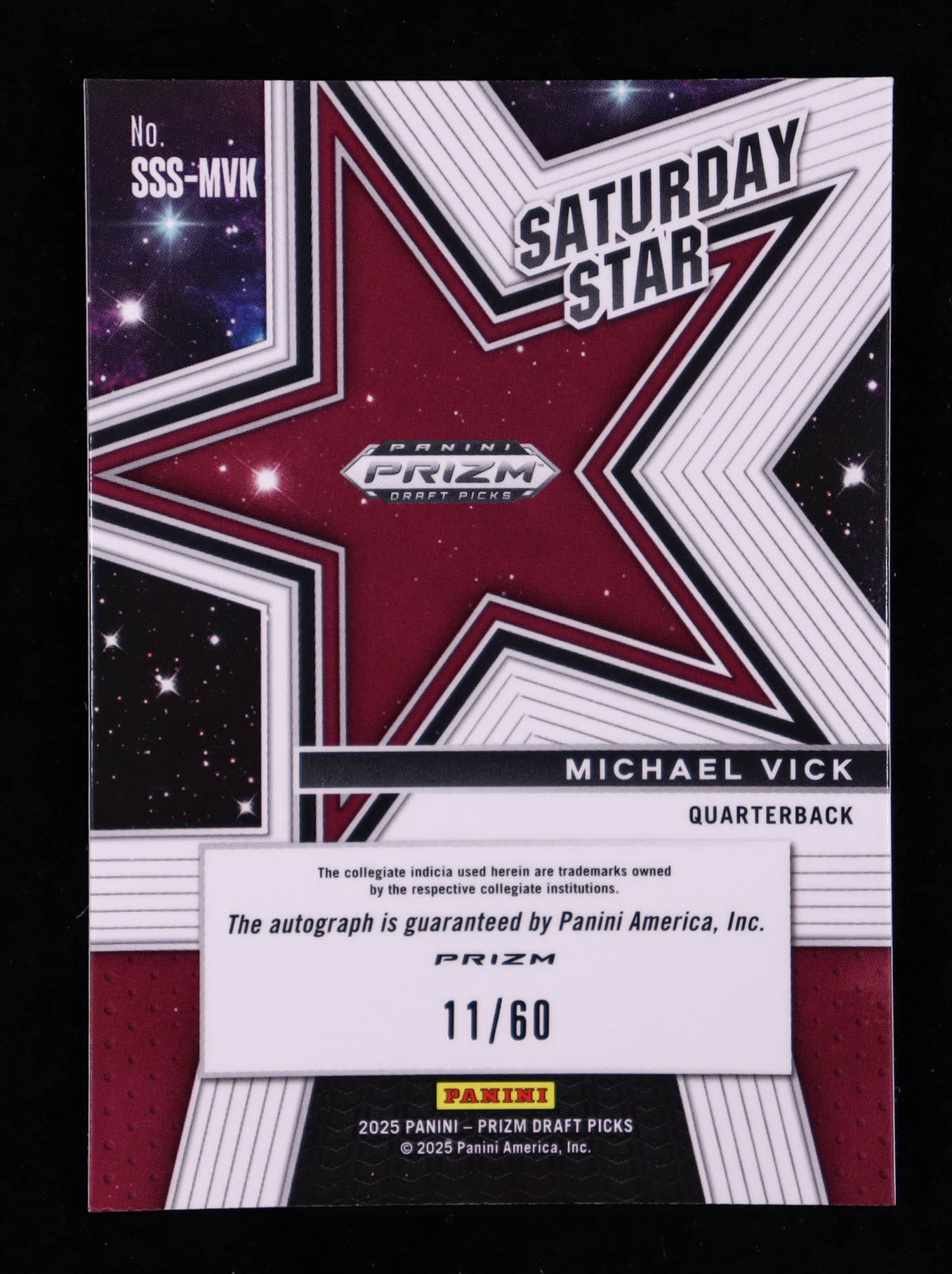 Michael Vick 2025 Panini Prizm Draft Picks Saturday Star Signatures Purple Ice #23 #11/60 at PristineAuction.com Michael Vick 2025 Panini Prizm Draft Picks Saturday Star Signatures Purple Ice #23 #11/60 at PristineAuction.com