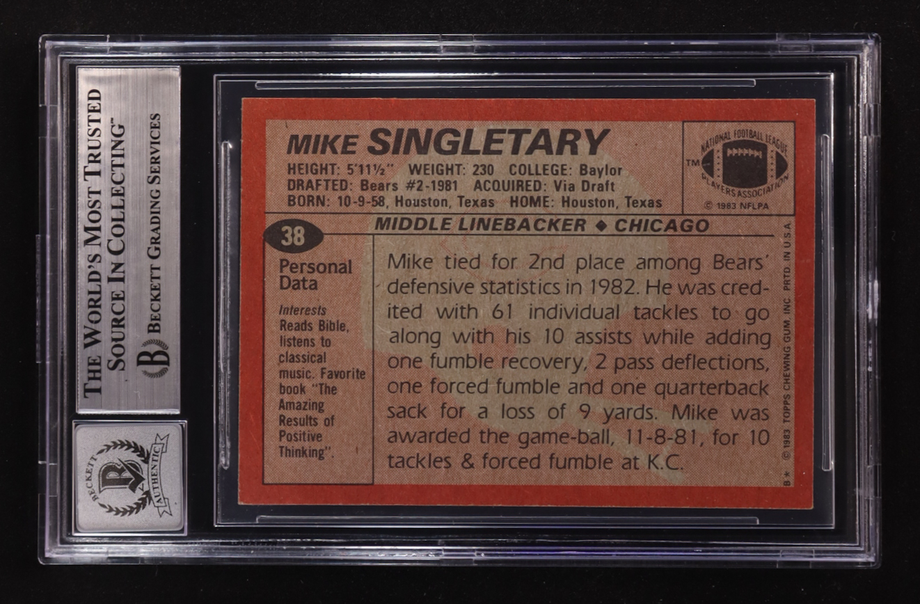 Mike Singletary Signed 1983 Topps Inscribed "HOF 98" #38 RC (BGS | Autograph Graded BGS 10) at PristineAuction.com Mike Singletary Signed 1983 Topps Inscribed "HOF 98" #38 RC (BGS | Autograph Graded BGS 10) at PristineAuction.com