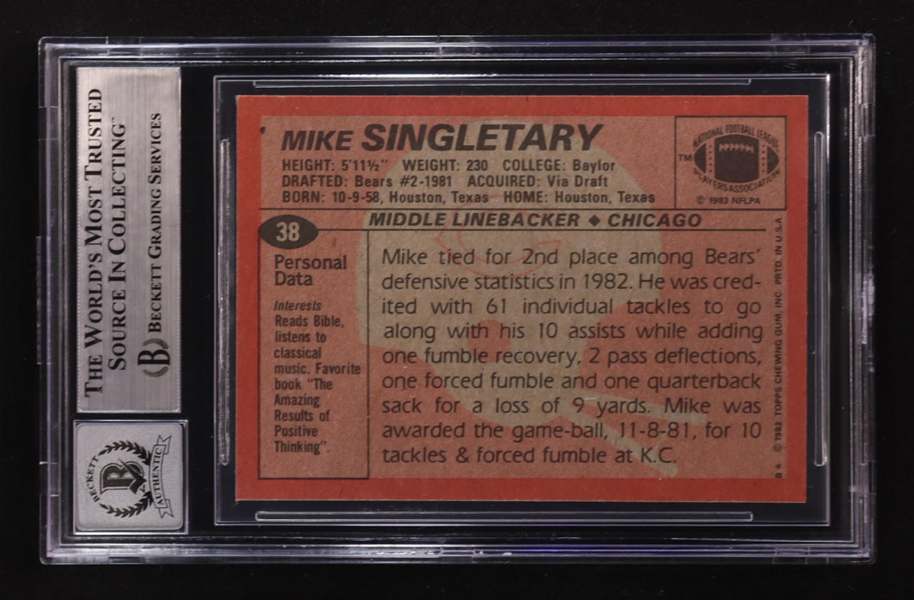 Mike Singletary Signed 1983 Topps Inscribed "HOF 98" #38 RC (BGS | Autograph Graded BGS 10) at PristineAuction.com Mike Singletary Signed 1983 Topps Inscribed "HOF 98" #38 RC (BGS | Autograph Graded BGS 10) at PristineAuction.com