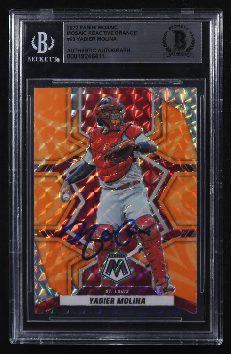 Yadier Molina Signed 2022 Panini Mosaic Mosaic Reactive Orange #83 (BGS) at PristineAuction.com Yadier Molina Signed 2022 Panini Mosaic Mosaic Reactive Orange #83 (BGS) at PristineAuction.com