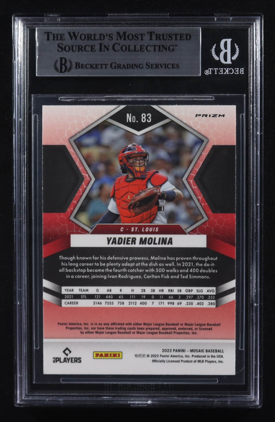Yadier Molina Signed 2022 Panini Mosaic Mosaic Reactive Orange #83 (BGS) at PristineAuction.com Yadier Molina Signed 2022 Panini Mosaic Mosaic Reactive Orange #83 (BGS) at PristineAuction.com