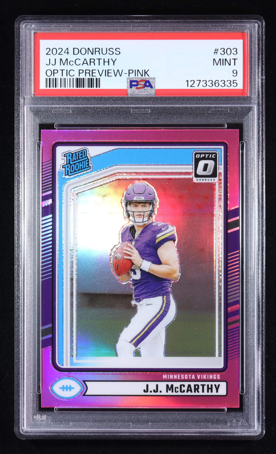 JJ McCarthy 2024 Donruss Optic Rated Rookies Preview Pink #303 RC (PSA 9) at PristineAuction.com JJ McCarthy 2024 Donruss Optic Rated Rookies Preview Pink #303 RC (PSA 9) at PristineAuction.com
