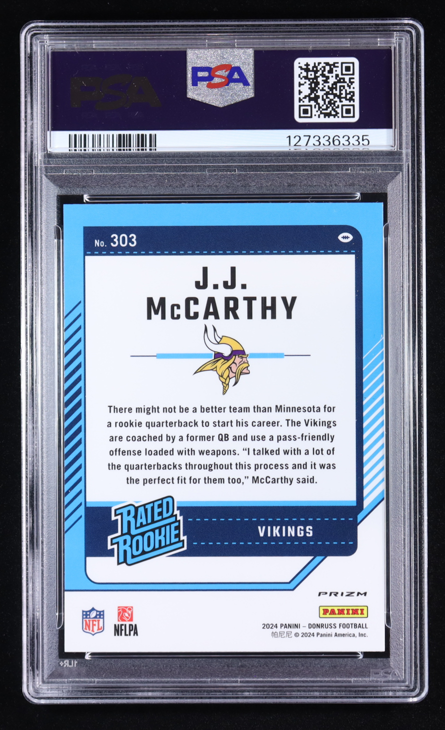 JJ McCarthy 2024 Donruss Optic Rated Rookies Preview Pink #303 RC (PSA 9) at PristineAuction.com JJ McCarthy 2024 Donruss Optic Rated Rookies Preview Pink #303 RC (PSA 9) at PristineAuction.com