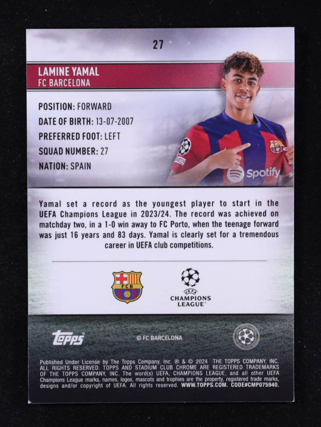 Lamine Yamal 2023-24 Stadium Club Chrome UEFA Champions League #27 RC at PristineAuction.com Lamine Yamal 2023-24 Stadium Club Chrome UEFA Champions League #27 RC at PristineAuction.com