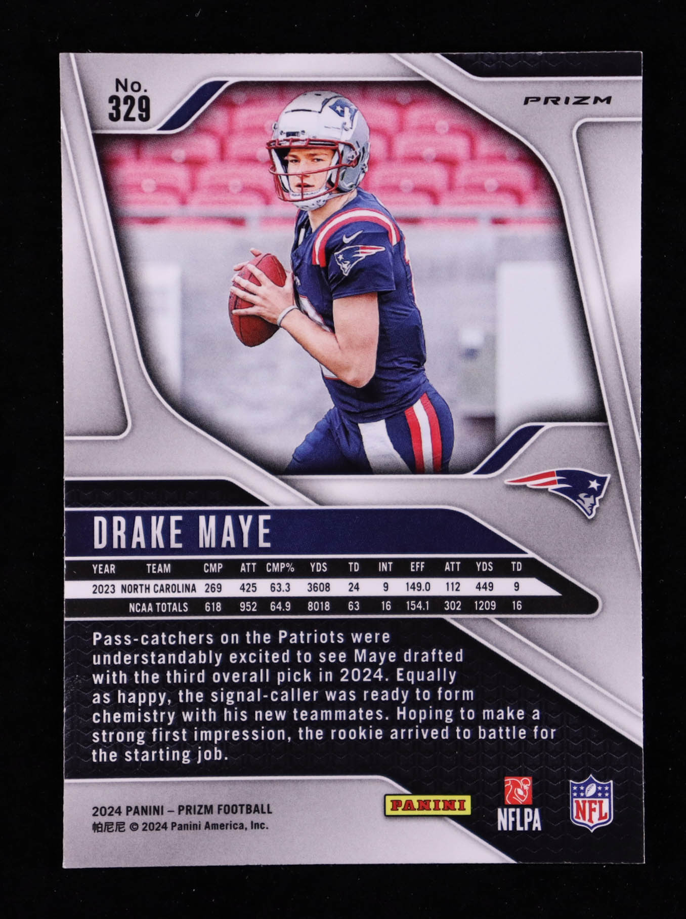 Drake Maye 2024 Panini Prizm Prizms Lazer #329 RC at PristineAuction.com Drake Maye 2024 Panini Prizm Prizms Lazer #329 RC at PristineAuction.com