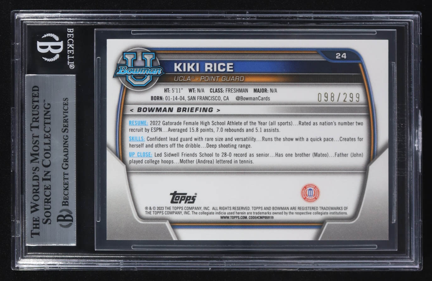 Kiki Rice 2022-23 Bowman Chrome University Aqua Wave Refractors #24 #098/299 (BGS 9) at PristineAuction.com Kiki Rice 2022-23 Bowman Chrome University Aqua Wave Refractors #24 #098/299 (BGS 9) at PristineAuction.com