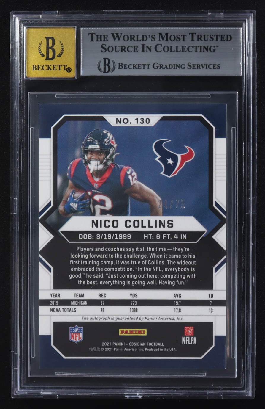 Nico Collins 2021 Panini Obsidian Rookie Autographs Electric Etch Orange #130 RC #24/75 (BGS 8.5 | Autograph Graded BGS 10) at PristineAuction.com Nico Collins 2021 Panini Obsidian Rookie Autographs Electric Etch Orange #130 RC #24/75 (BGS 8.5 | Autograph Graded BGS 10) at PristineAuction.com