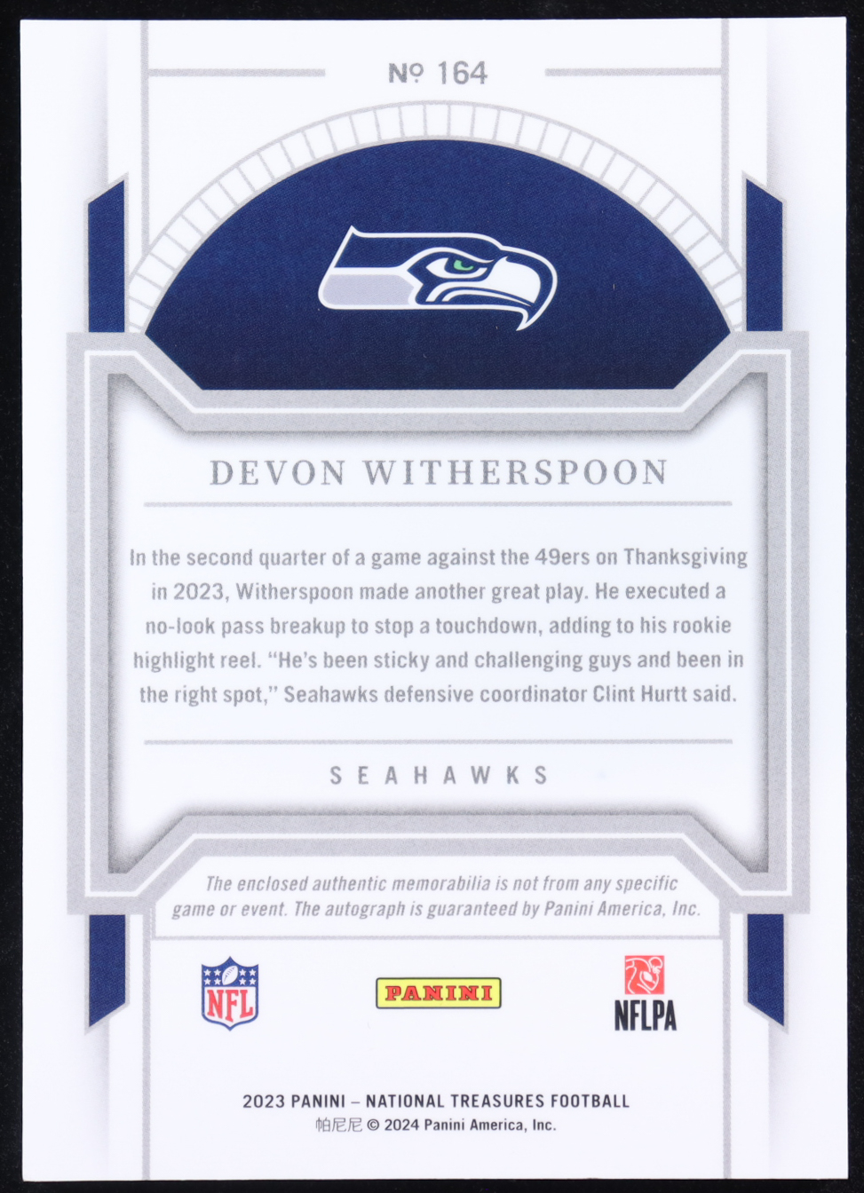 Devon Witherspoon 2023 National Treasures Rookie Patch Green Autographs #164 #09/21 RC at PristineAuction.com Devon Witherspoon 2023 National Treasures Rookie Patch Green Autographs #164 #09/21 RC at PristineAuction.com