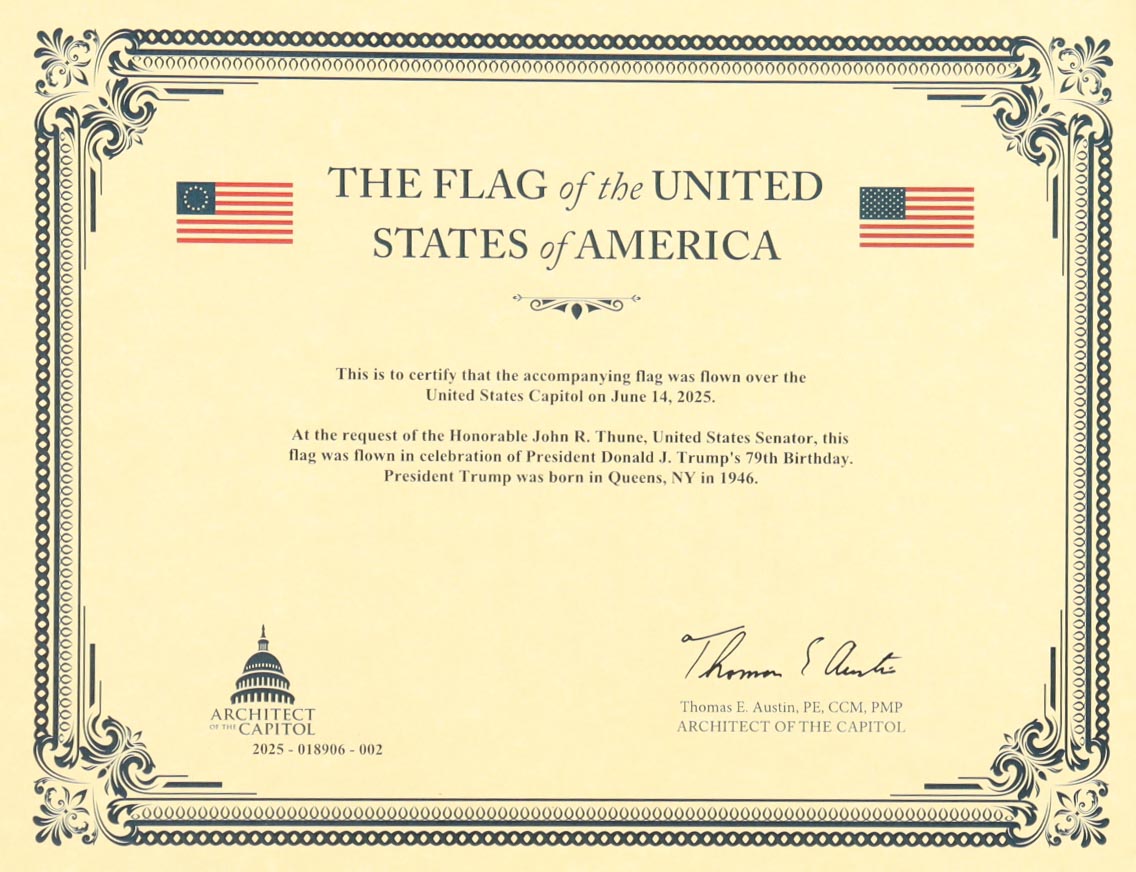 American Flag Flown Over the Capitol on June 14, 2025 to Commemorate President Donald Trump's 79th Birthday (Architect of the Capitol) at PristineAuction.com American Flag Flown Over the Capitol on June 14, 2025 to Commemorate President Donald Trump's 79th Birthday (Architect of the Capitol) at PristineAuction.com
