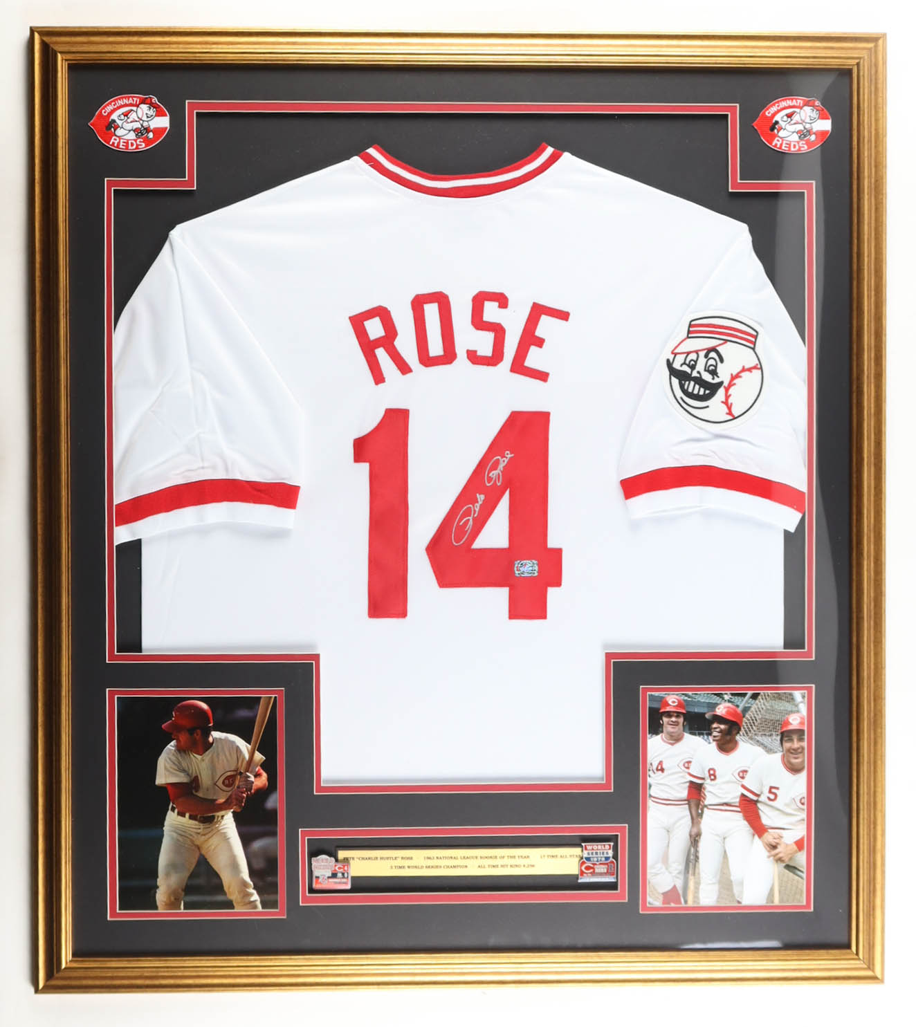Pete Rose Signed Custom Framed Jersey Display with (2) World Series Pins & Statistics Plaque (Rose) at PristineAuction.com Pete Rose Signed Custom Framed Jersey Display with (2) World Series Pins & Statistics Plaque (Rose) at PristineAuction.com
