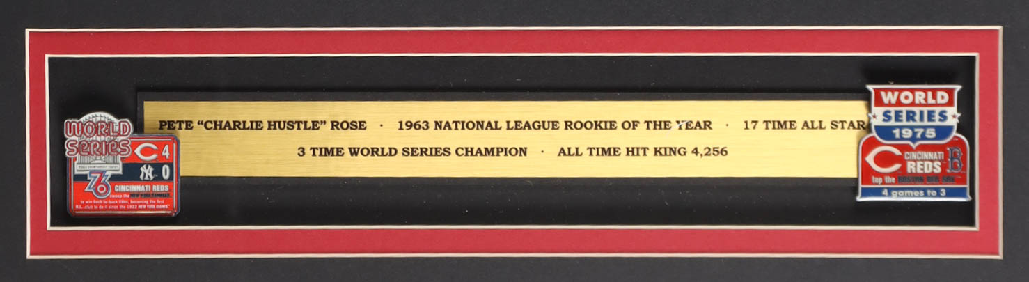Pete Rose Signed Custom Framed Jersey Display with (2) World Series Pins & Statistics Plaque (Rose) at PristineAuction.com Pete Rose Signed Custom Framed Jersey Display with (2) World Series Pins & Statistics Plaque (Rose) at PristineAuction.com