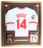 Pete Rose Signed Custom Framed Jersey Display with (2) World Series Pins & Statistics Plaque (Rose) at PristineAuction.com