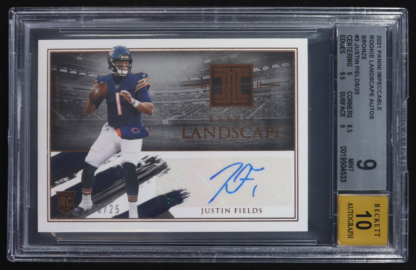 Justin Fields 2021 Panini Impeccable Rookie Landscape Autograhs Bronze #RL-JF RC #03/15 (BGS 9 | Autograph Graded BGS 10) at PristineAuction.com Justin Fields 2021 Panini Impeccable Rookie Landscape Autograhs Bronze #RL-JF RC #03/15 (BGS 9 | Autograph Graded BGS 10) at PristineAuction.com