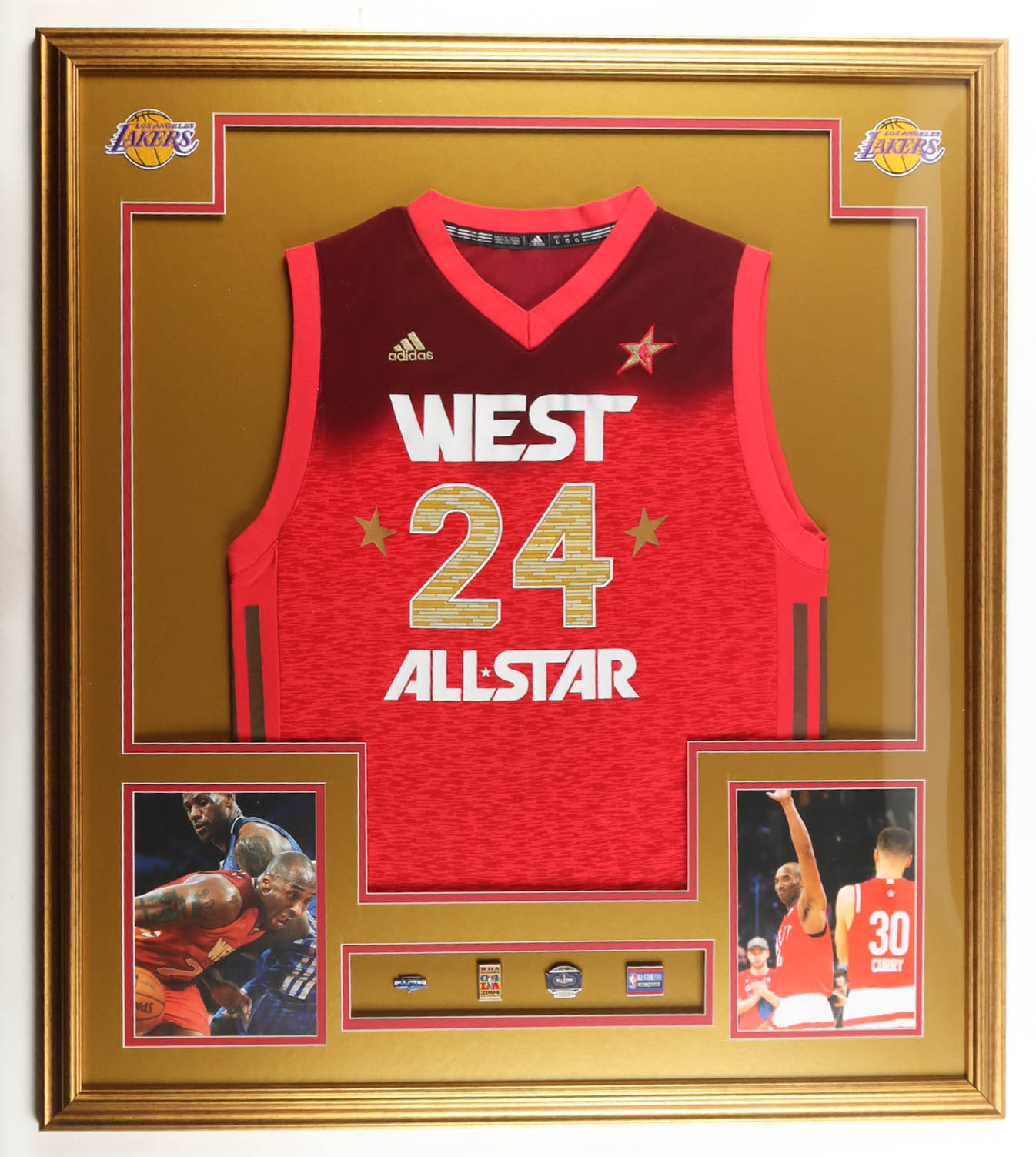 Kobe Bryant Custom Framed Adidas All Star Authentic Jersey Display with (4) All Star Pins & (2) Cloth Team Logo Patches at PristineAuction.com Kobe Bryant Custom Framed Adidas All Star Authentic Jersey Display with (4) All Star Pins & (2) Cloth Team Logo Patches at PristineAuction.com