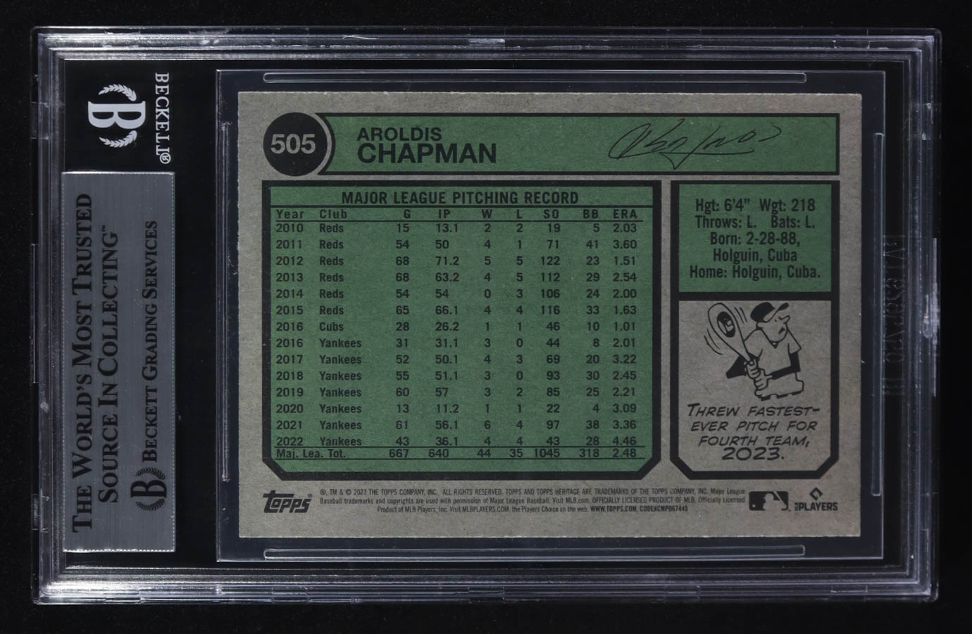 Aroldis Chapman Signed 2023 Topps Heritage #505 (BGS) at PristineAuction.com Aroldis Chapman Signed 2023 Topps Heritage #505 (BGS) at PristineAuction.com